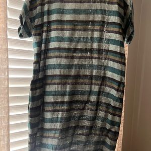 Eileen Fisher Striped Organic Linen Shift Dress Teal Green Size XS